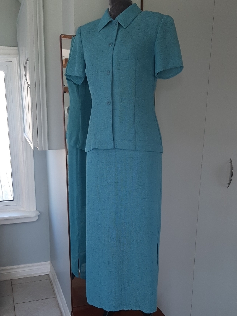 2 PC 80's DONNAπRICCO Teal Fitted Maxi DRESS with Pleated Back Jacket SET Sz 8 - Picture 2 of 14